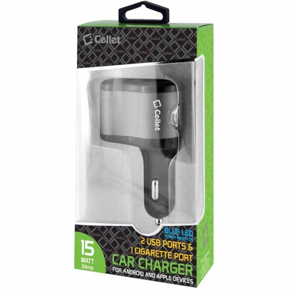Cellet 3 in 1 Car Charger with 2 USB Ports and 1 Car Socket Lighter Adapter